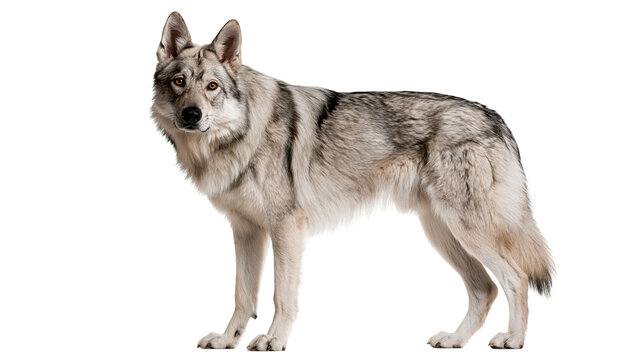 Czechoslovakian Wolfdog standing with grey and white fur coat