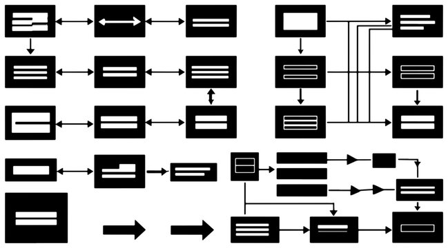 Abstract Flowchart Elements, Process Diagrams, and Workflow Icons Set, Black and White Vector Graphics for Business and Technology