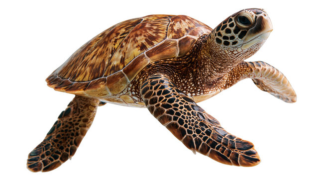 Green sea turtle with patterned brown shell and textured skin swimming