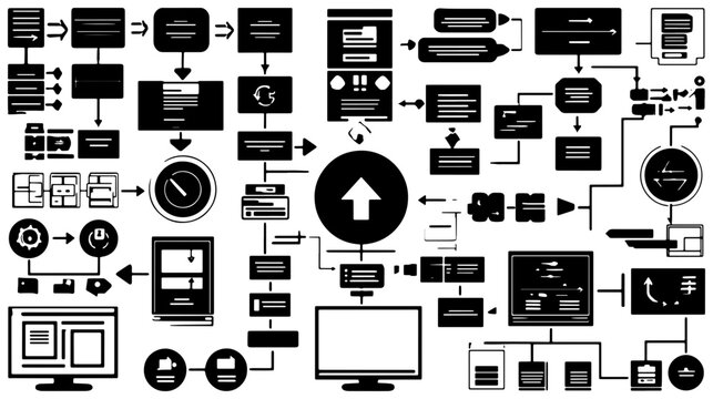 Business Process Flowchart Icons, Workflow Diagram Elements, System Logic Charts, Data Flow Connections, Modern UI Interface Design Components, Vector Set