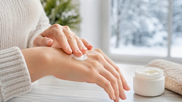 Winter skincare concept with woman applying moisturizing cream to hands beside snowy window