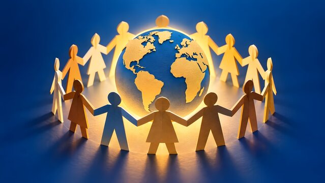 Paper cutout figures holding hands around earth globe representing global community and international unity
