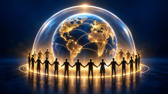 Silhouettes holding hands around glowing earth globe under glass dome symbolizing global protection