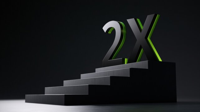 Two large characters 2X stand on steps in a dark setting, symbolizing growth and performance in a corporate environment.