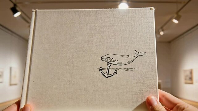 Bringing adult hands rotating and holding cream linen book in gallery, showing whale anchor cover