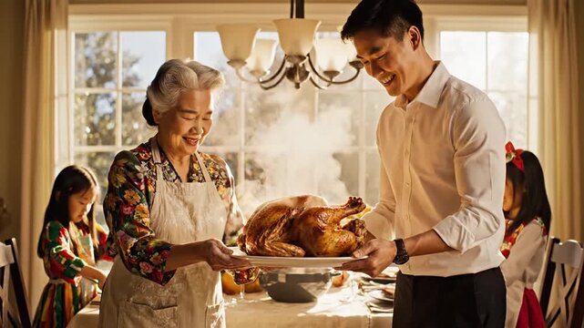 Family dinner Grandmother presents roasted turkey to son warm atmosphere