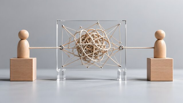 Two wooden figures pulling a tangled ball of string inside a clear glass box representing complex problem solving and conflict resolution
