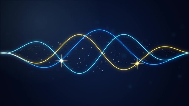 Glowing Neon Blue and Yellow Wave Lines Animation with Sparkles on a Dark Blue Background Loop