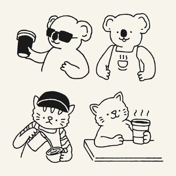 Barista mascot character set featuring a koala in sunglasses and an apron, and a cat pouring and serving coffee for cafe branding.