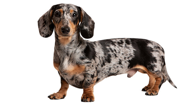 Dapple dachshund dog with spotted grey black and tan fur standing