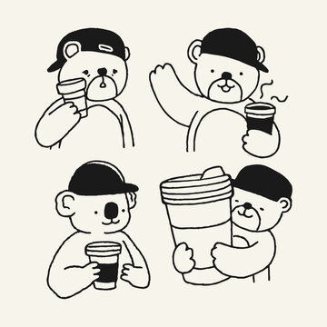 Cafe mascot character set featuring koala, bear, and otter illustrations drinking coffee, waving, and hugging a giant coffee cup for coffee shop branding.