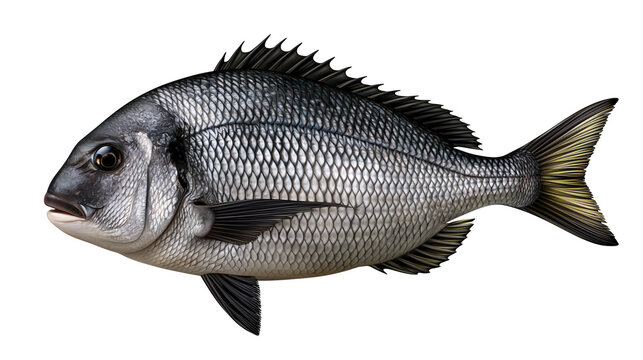 Silver black sea bream fish with detailed scales and sharp dorsal fin