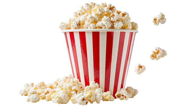 Crispy salted popcorn in a red and white striped paper bucket