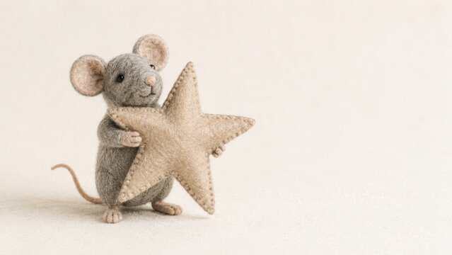 Cute felt mouse holding a handmade star ornament on soft neutral Christmas background