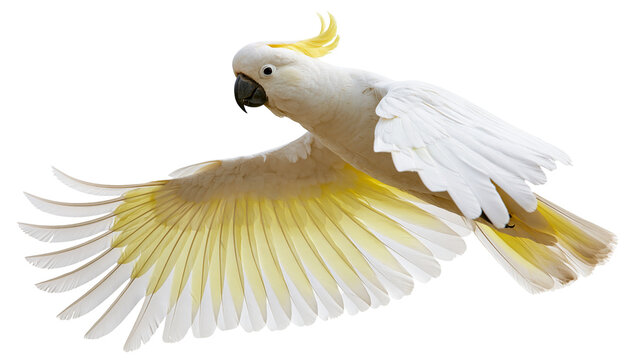 Sulphur-crested cockatoo flying with wings spread wide