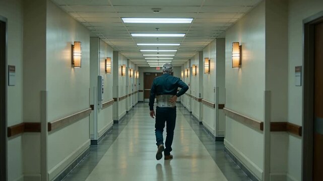 Walking senior man holding right back, heading to exit med hall, jacket lifting showing brace
