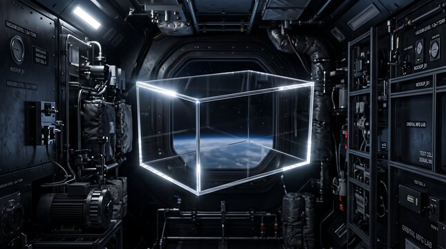 Glowing holographic cube floating inside a futuristic dark spaceship cockpit overlooking planet earth