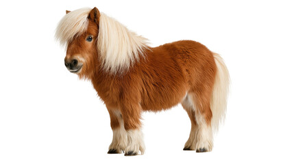 Chestnut miniature horse with long blonde mane and tail standing © Lysander