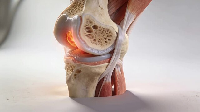 Panning camera showing 3D knee joint model rotating right on pale base, highlighting inflammation