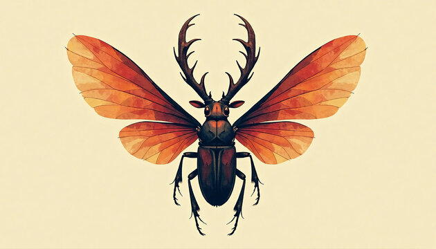 Vintage illustration of fantasy stag beetle with spread butterfly wings and deer antlers isolated on light background