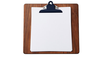 Wooden clipboard with a stack of blank white paper sheets and a black metal clip © Lysander