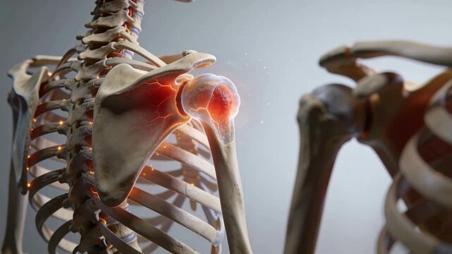 Showing scapula, proximal humerus in lab reacting to glow, pulsing joint and signaling spine nodes