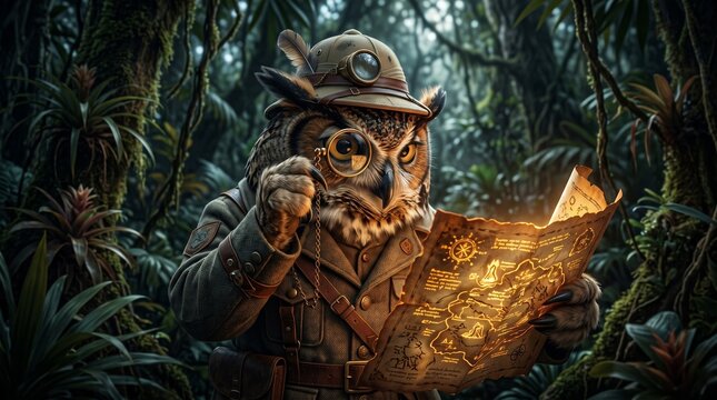 Owl scholar examining ancient glowing map in mystical forest