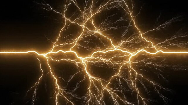Golden lightning or electrical discharge with glowing sparks on a dark background banner design