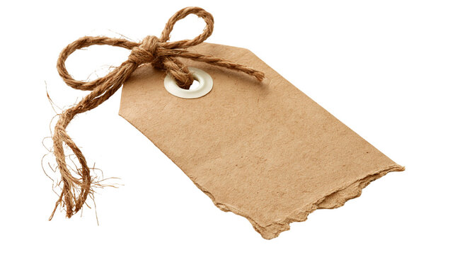Blank brown cardboard paper tag with rustic jute twine bow