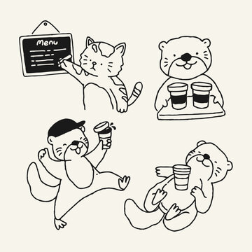 Cafe activity mascot character set featuring a cat writing a menu board and otters carrying a coffee tray and dancing with coffee cups.