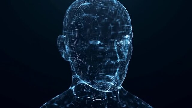 Glowing blue wireframe human head rotates in a dark digital space. Artificial intelligence presentations, technology advertising, and digital transformation campaigns.