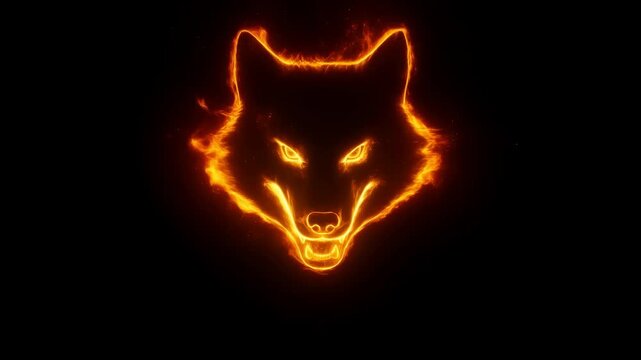 Centered wolf head outline flickers with orange and yellow flame-like light against a black background. Sports team branding, gaming and esports intros, and fantasy title sequences.
