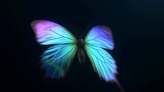 Glowing iridescent butterfly flaps its wings while hovering in dark space. Nature documentary graphics, educational metamorphosis content, and fantasy title sequences.