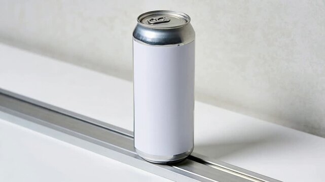 Recording starting after setup, tall can with plain label settling, moving on narrow rail, tabletop