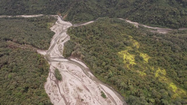 Aerial view of the  Rio Cosanga, to this point  is impeded by a geological fault and there is an extensive gravel and boulder floodplain. On the Amazonian slopes of the Andes in Ecuador