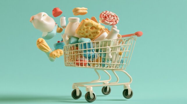 Soft clay 3d render shows a happy cart filled with various floating products in a mint colored setting. Scene has plenty of copy space.