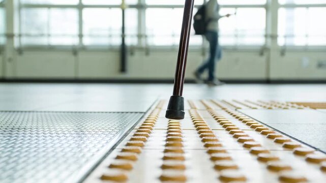 Pointing finger initiating cane tip tapping along tactile strip at station, guiding user past crowd