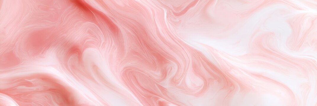 Blush pink fluid mixes with white cream, forming a soft and abstract cosmetic texture suitable for beauty and skincare backgrounds.