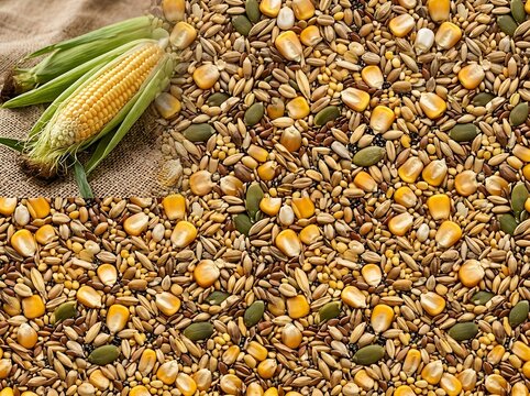 Fresh corn on cob with mixed bird seeds and grains background texture.