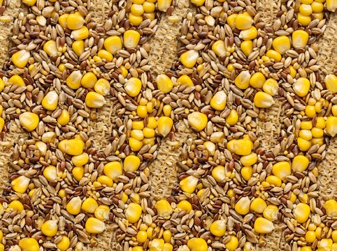 Seamless pattern of mixed grains corn seeds and bird food texture.
