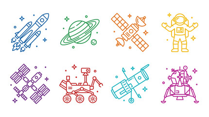 Space exploration icons depict rockets rocket spaceship © Lal