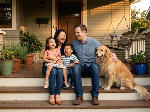 Cheerful family sitting on wooden porch steps with golden retriever dog.