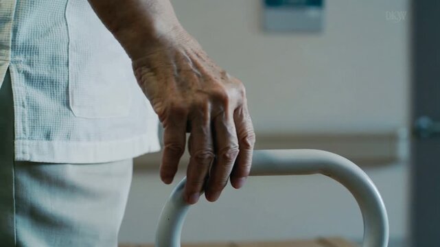 Leaning, gripping U-shaped walker handle, Senior Asian man rising in care room, seeking stability