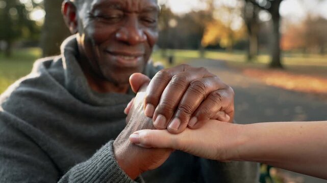Grasping companion's extended hand, senior in sweater rubbing hand on bench in park, comforting