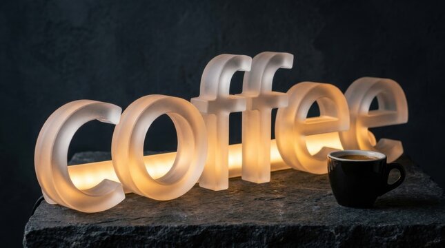 Glowing Illuminated 3D Script Letters Spelling Coffee on Dark Shelf