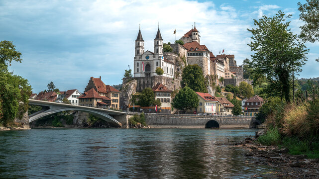 Aarburg Castle and Historic Old Town Reflected in the Aare River