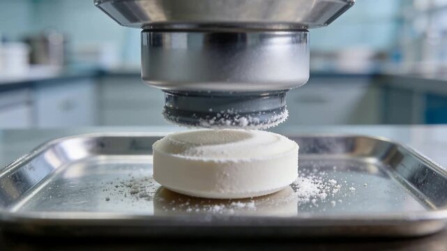 Starting press lowering compression head onto round white tablet at lab bench for tablet testing