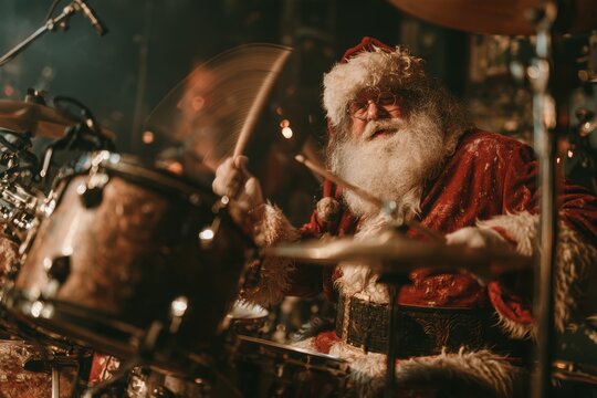 Santa claus enjoying drumming on a drum kit, celebrating christmas spirit with music