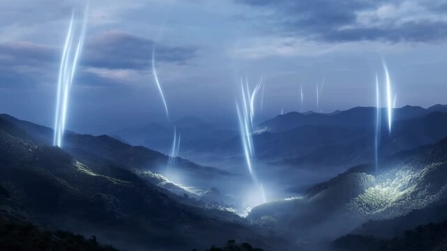 Luminous energy beams descend over a misty mountain valley beneath a cloudy blue sky. Science fiction title sequences, fantasy film, and technology presentations.