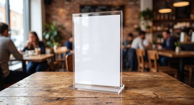 Photorealistic mockup of a blank acrylic table sign holder in a cafe